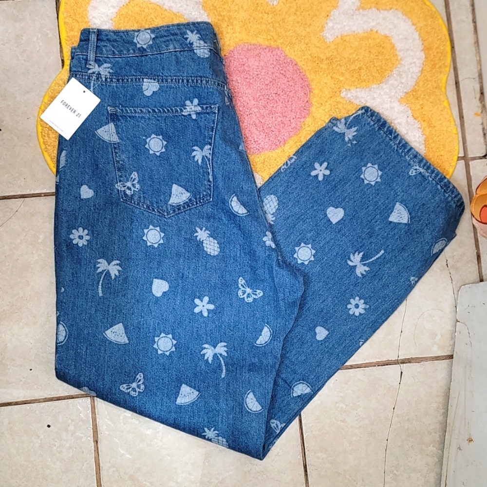 Forever 21 plus jeans 90's fit bagy summer print new 12T high rise cotton